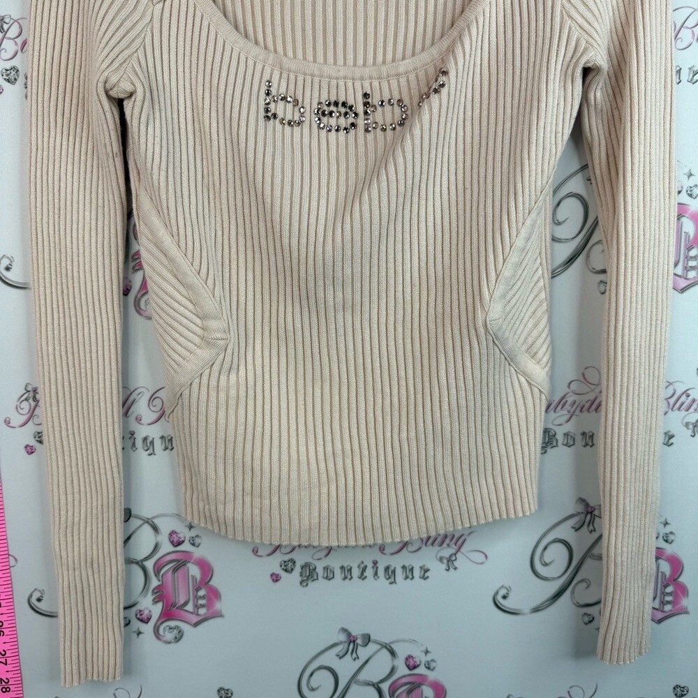 bebe long sleeve Swarovski Beige Ribbed Open cut out front Long Sleeve Top - Picture 8 of 13